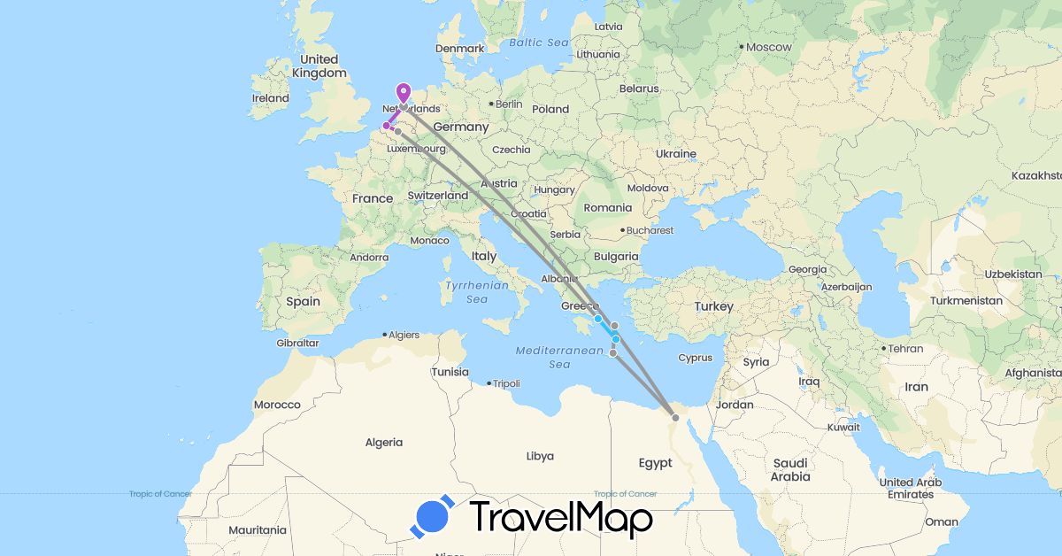 TravelMap itinerary: driving, plane, train, boat in Belgium, Egypt, Greece, Netherlands (Africa, Europe)